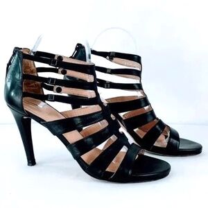 Stuart Weitzman Outing Heeled Sandal Black Leather Strappy Cage Design Sz 8.5 M
